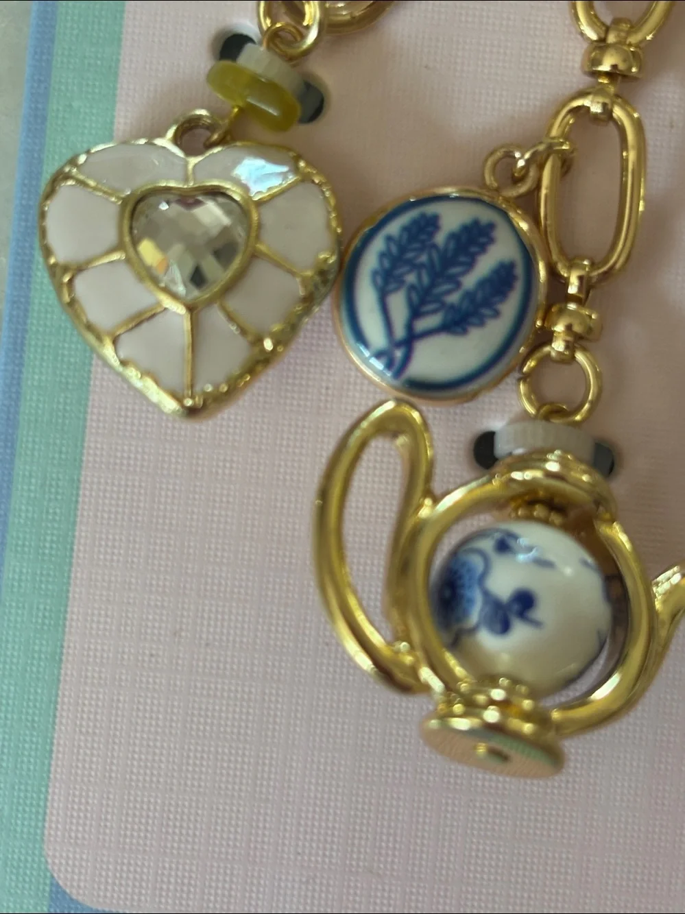 NWT Piper K Gold Tone Key & Bag Charm with Blue and White Porcelain Accents